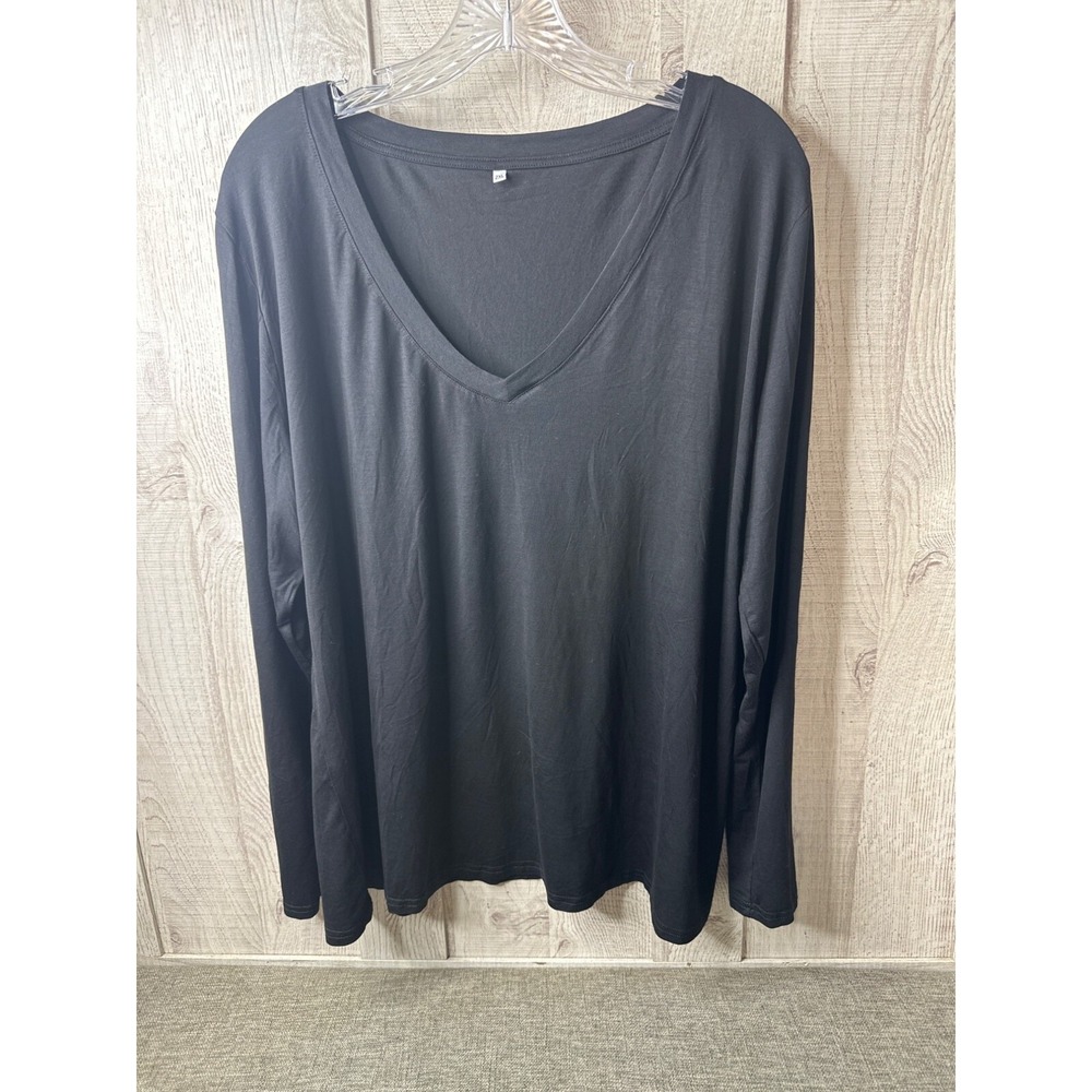 Women Black V-Neck Shirt Long Sleeve Casual Top Rayon Spandex Size 2XL